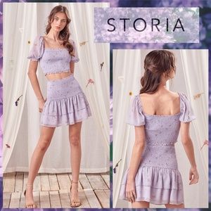 📌 STORIA Smocked Bodice Crop Top & Skirt Chiffon Sleeves & Double Ruffled Skirt